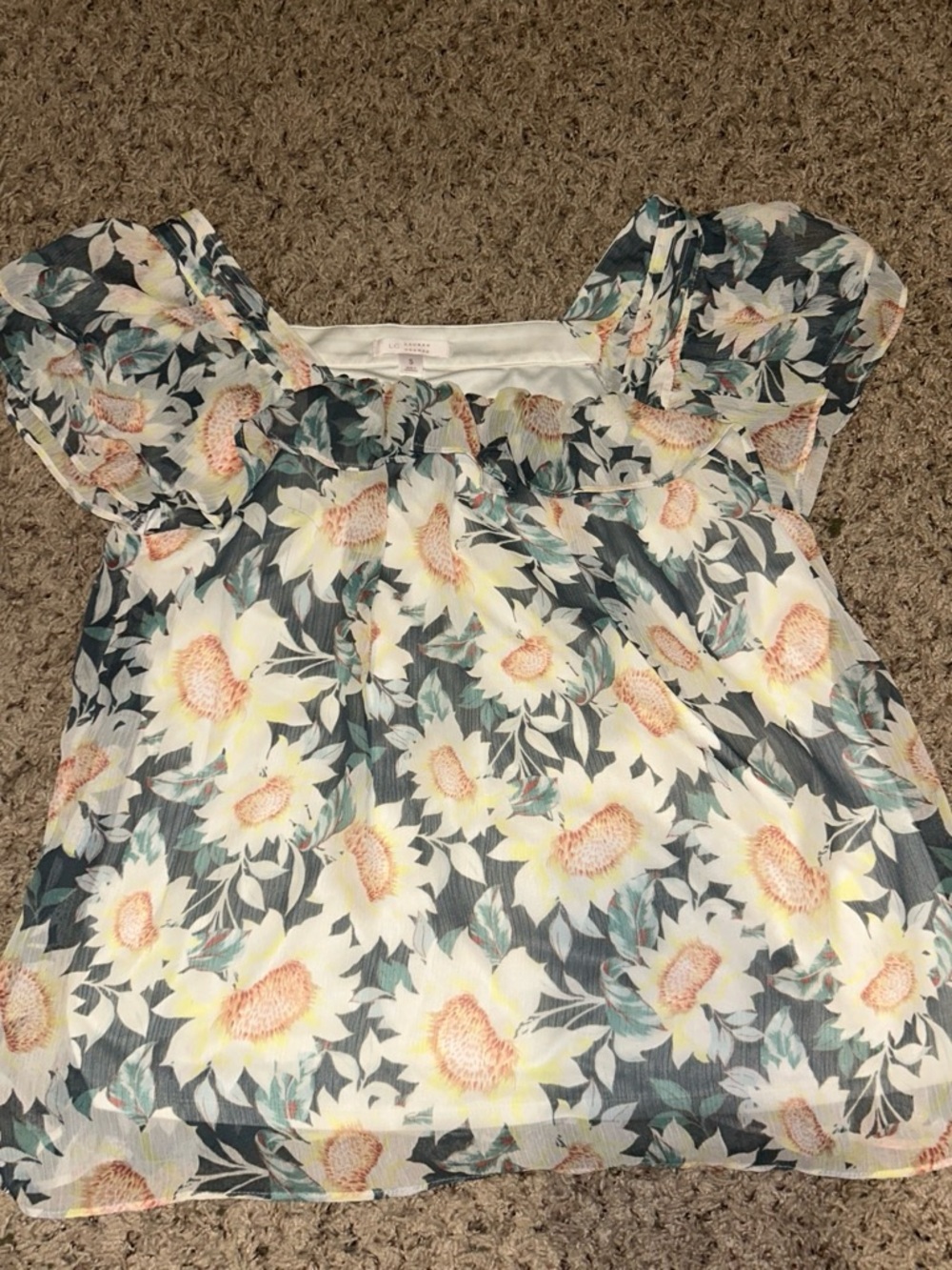 LC Lauren Conrad Cream and Yellow Floral Ruffle Top